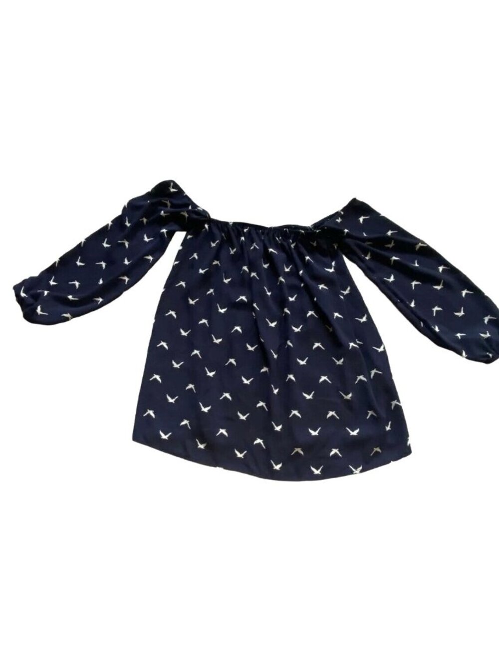 Emetla Navy Blue/White Seagull Bird Pattern Off Shoulder Balloon Sleeve Blouse-S